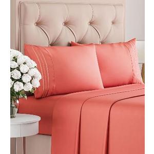 Queen Size 4 Piece Sheet Set - Comfy Breathable & Cooling Bed Sheets Set - Hotel Luxury Bedding for Women, Men, Kids, Teens, Boys & Girls - Deep Pockets, Ultra-Soft, Wrinkle Free - Oeko-Tex - Coral