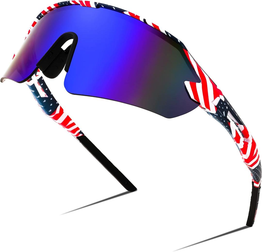 FEISEDY Sports Sunglasses for Men and Women, UV400 Protection Outdoor Cycling Driving Fishing Glasses B2987 (60mm, 001 Stars&stripes Style| Blue Lens)