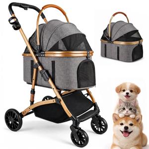 Iononeed 3-in-1 Dog Stroller with Rain Cover, Quick Foldable, Detachable Carrier & Car Seat, for Medium Dogs Cats Up to 50 lbs, Anti-Shock Solid Rubber Wheels, Grey