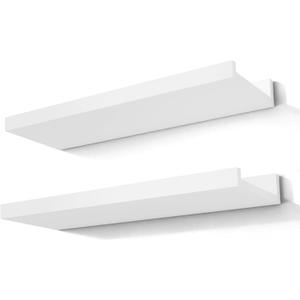 White Floating Shelves for Wall Decor, Wall Mounted Wood Storage Shelf for Bedroom, Living Room, Bathroom, Kitchen, Nursery, Display Picture Ledge Shelf with Lip Set of 2-14 Inches, White