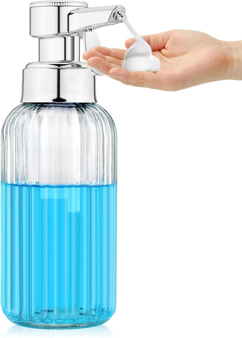 Automatic Soap Dispenser Foam for Bathroom: 16 OZ Glass Clear Touch Dispense Modern Large Foaming Soap Dispenser for Kitchen - Hand Sink Dish Lotion Countertop Couple Kids Home - Waterproof Labels