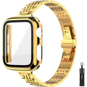 Thin Women Band Compatible with Apple Watch 41mmm with Face Cover, Stainless Steel for Metal iwatch Band Series 9 8 7 6 5 4 3 2 1 SE. (Gold) 