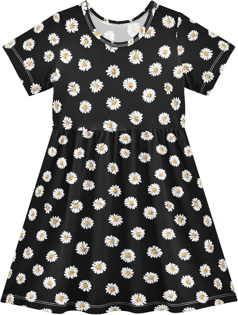 White Daisy Pattern Girls Dresses Short Sleeve Casual Midi Sundress for Kids (4T, Multicoloured) White Daisy Pattern Girls Dresses Short Sleeve Casual Midi Sundress for Kids (4T, Multicoloured)