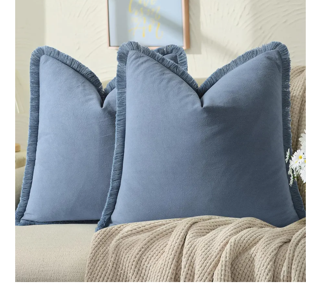 ZWJD Pillow Covers 18x18 Set of 2 Navy Throw Pillow Covers with Fringe Chic Cotton Decorative Pillows Square Cushion Covers for Sofa Couch Bed Living Room Farmhouse Boho Decor, Blue