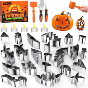 Pumpkin Carving Kit Tools: 30PCS Pumpkin Carving Tools Set includes 22 Stainless Steel Stencils & Hammer & Spoon & Carve Knife & Candles - 2025 Halloween Gifts for Kids Safe DIY Decorating Kit