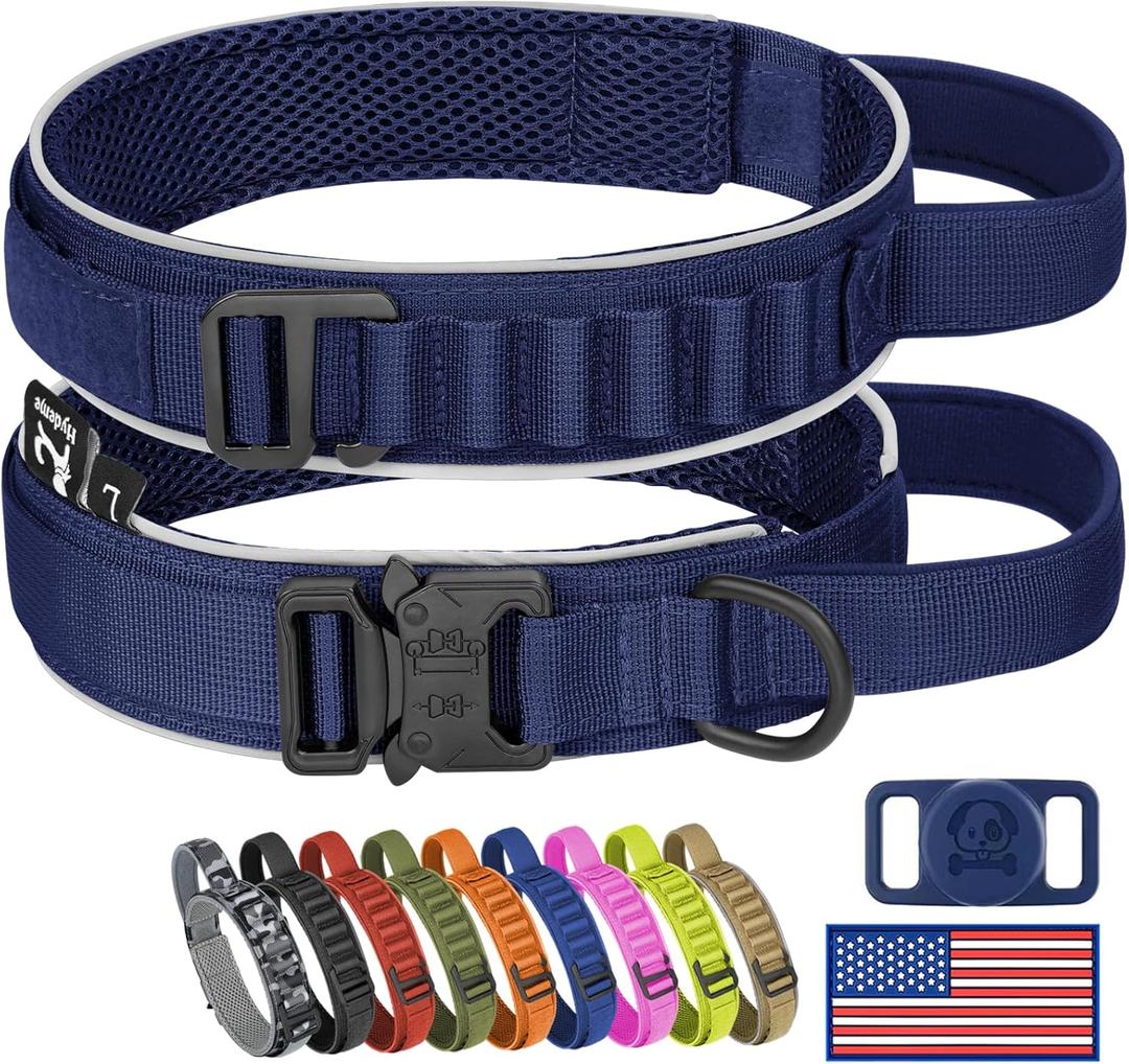 HYDEME Tactical Dog Collar, Alpine Loop Adjustable Military Training Nylon Dog Collars with Handle and Reflective for Small Medium Large Dogs, with Airtags Protective Case & Patches.(L,Deepblue)