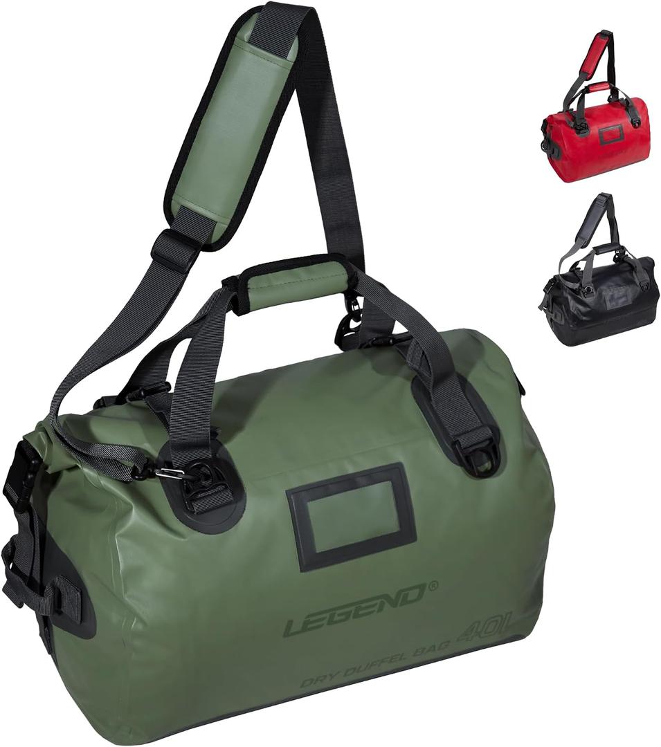 LEGEND Waterproof Travel Bag - Heavy Duty Duffel Bag for Camping, Gym, Outdoor Trips - Watertight PVC Dry Bag with Waterproof Zipper, Welded Seams, Inner Mesh Pocket, Outside Pocket (40L, Army Green)