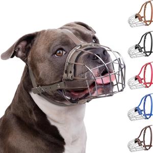 BRONZEDOG Pitbull Dog Muzzle Breathable Metal Basket for Large Dogs Amstaff Staffordshire Terrier Biting Chewing Barking (Leather, Gray)