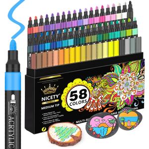 58 Colors Acrylic Paint Pens Paint Markers, 3mm Medium Tip Point Acrylic Paint Pens for Rock Painting, Canvas, Wood, Ceramic, Glass, Stone, Fabric, DIY Crafts & Art Supplies