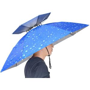 NEW-Vi Fishing Umbrella Hat Folding Adjustable Sun Rain Cap, 37.4Oversize Hands Free Umbrellas, 7-Ribs Anti-UV Waterproof Headwear for Fishing Gardening Golf Sunshade Outdoor (Drip Blue Oxford cloth double layer)