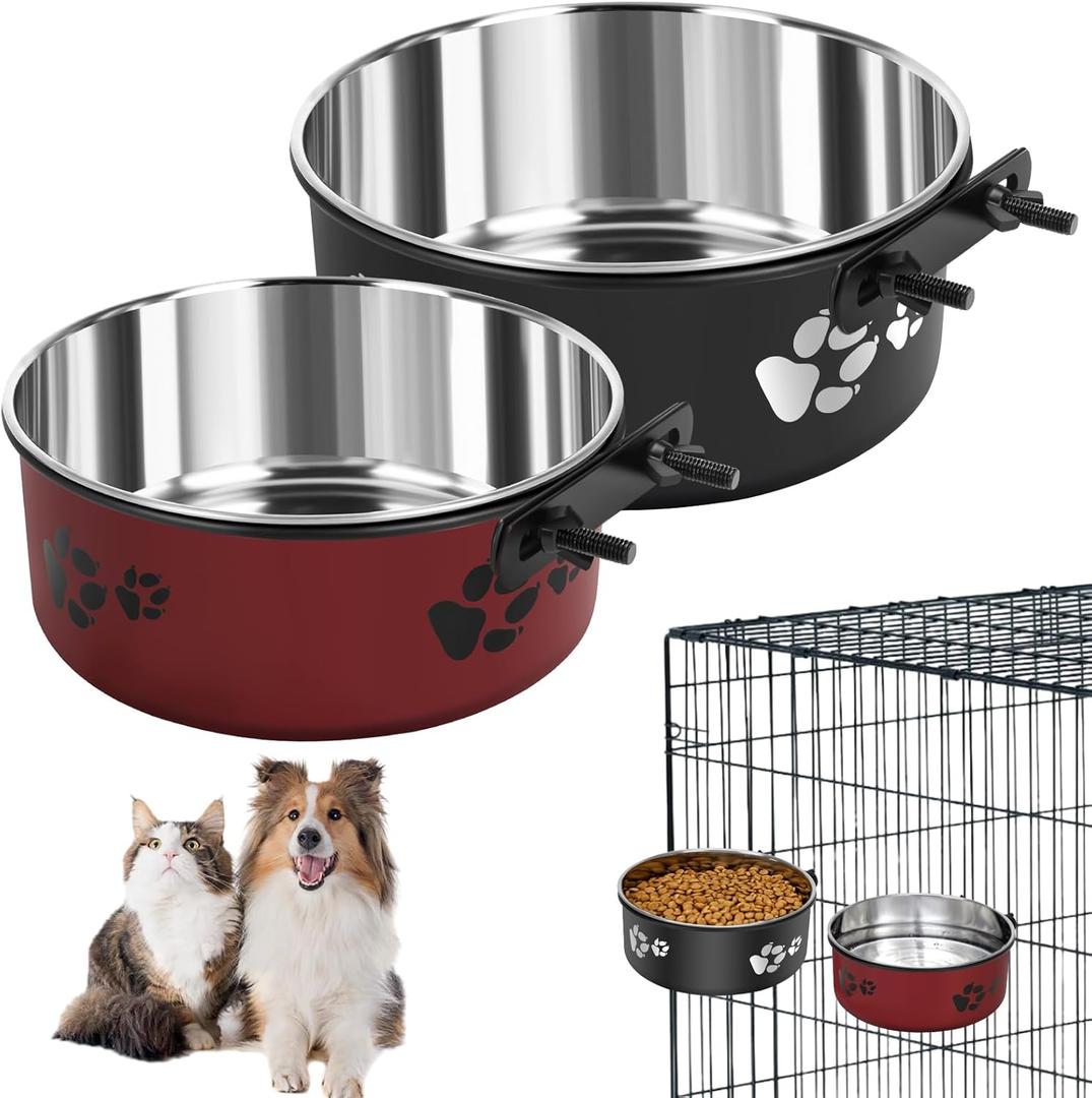 2 Pack Kennel Bowls Mountable Stainless Steel Crate Bowls for Dogs No Spill Hanging Kennel Water Feeder with Clamp Holder 2 Sizes7.08x2.83,6.3x2.63 Black Red