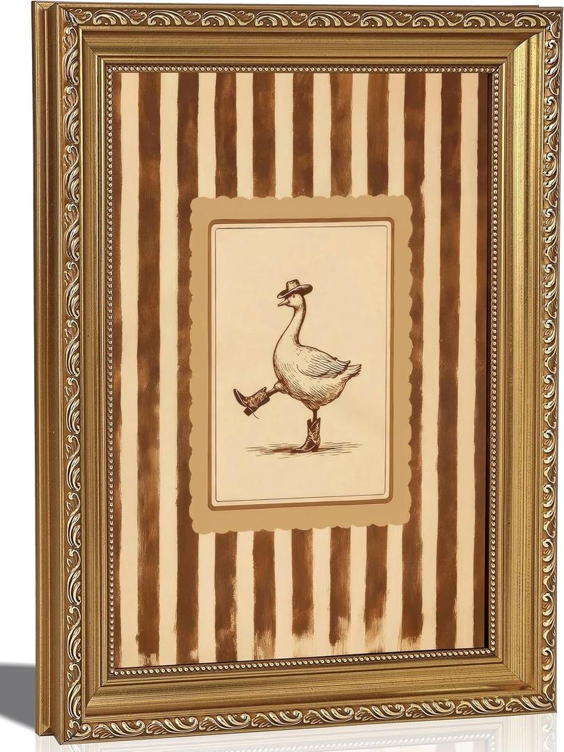 FKRYTYB Vintage Gold Framed Funny Cowboy Silly Goose Wall Art, Western Dancing Duck Canvas Decor, Brown Striped Rustic Farmhouse Poster Print for Bathroom Bedroom Living Room, Size: 11L"X9W"