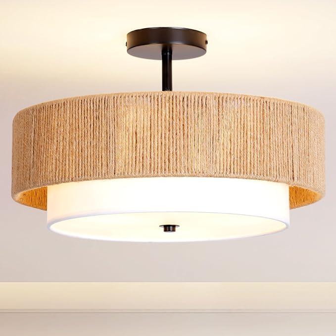 Lornwick Boho Rattan semi Flush Mount Ceiling Light,for Bedroom, 18'' Hemp rope&Fabric Gold