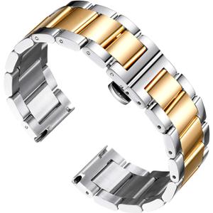 BINLUN Stainless Steel Watch Band, Heavy Duty Metal Replacement Strap with Polished & Matte Brushed Finish for Men and Women, 16mm-26mm(Polished Silver and Gold,16mm)