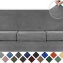 WEERRW 4 Pieces Velvet High Stretch Couch Covers for 3 Cushion Couch Sofa Slipcovers, Washable Furniture Protector with Non Slip Elastic Bottom, Feature Soft and Thick Plush Fabric, Light Grey, Large