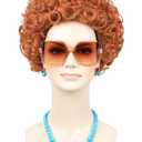 Women Red Orange Costume Wig with Glasses Necklace and Earrings Short Curly Afro Hair Wigs for 70s Romp Cosplay Halloween Party (Orange)