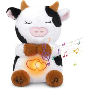 Breathing Cow Stuffed Animal, 11inch Cow Plush Soothing Stuffed Animal with Calming Music, Lights, Soft Breathing Plush for Kids, Adult (3-Levels Mode & Volume) (Black and White)
