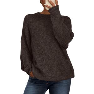 PRETTYGARDEN Womens Fall Long Sleeve Sweater Crew Neck Fuzzy Loose Fit Chunky Knit Oversized Pullover Sweaters Going Out Tops (Medium, Brown Coffee)
