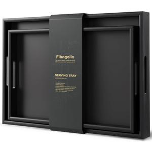 Fibogollo Bamboo Set of 2 Serving Tray with Handles,Decorative Trays Platter,Breakfast Tray in Bed,Food Drinks Tray for Eating,Working,Storing(Black)