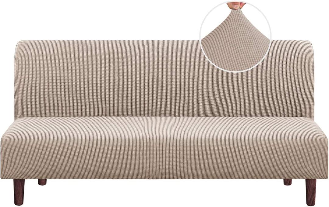 PrinceDeco Stretch Armless Futon Cover Futon Slipcover Full Queen Size Futon Couch Cover Futon Sofa Cover Futon Bed Cover Furniture Protector with Elastic Bottom, Checked Pattern Jacquard, Sand