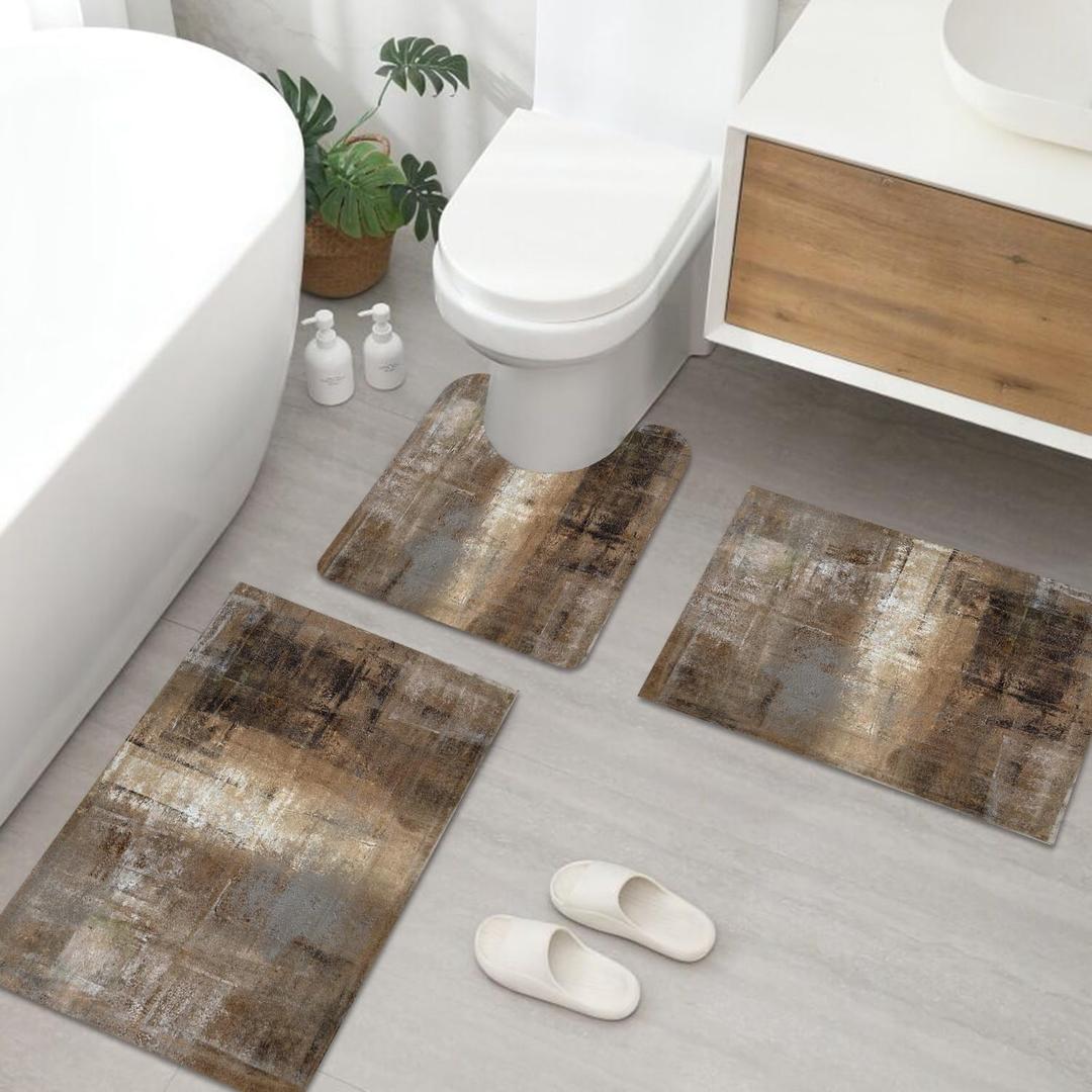Brown Gray Bathroom Rug Set - Abstract Art Bath Mat Non Slip Washable Quick Dry for Bathtub - Rustic Farmhouse Decor With U-Shaped Contour Toilet Mat