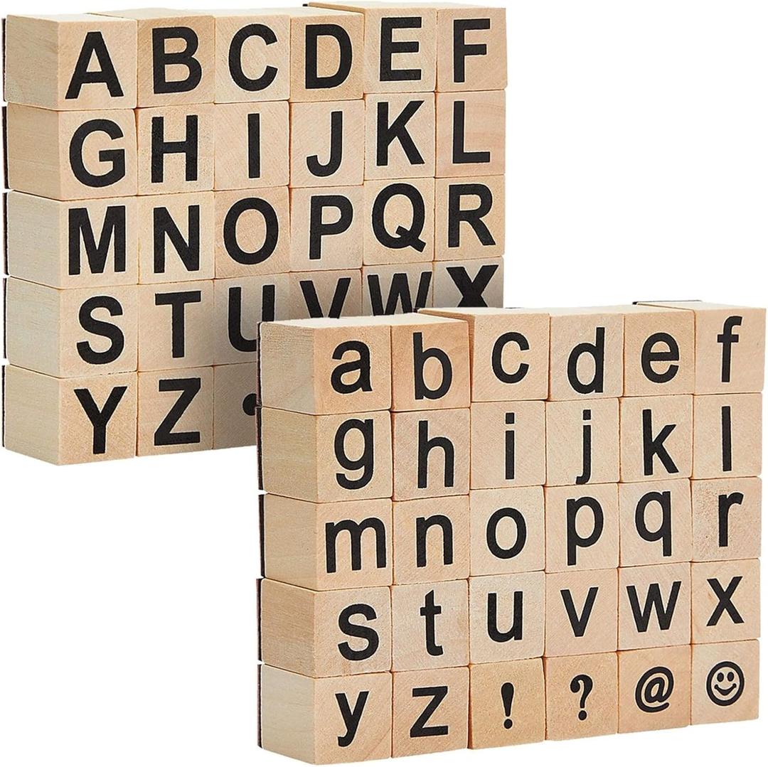 60-Piece Wooden Alphabet Rubber Stamp Set - Upper & Lowercase Letter Stamps & Symbols for Crafting, Scrapbooking Supplies