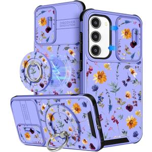 Buleens for Samsung Galaxy S23 Plus Case 6.6 Inch - with Ring Stand & Camera Cover Cute Designed Women Girls Girly Pretty Flower Floral for Samsung S23 Plus Case Compatible with Magsafe