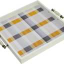 Rustic White Wooden Frame Plaid Serving Tray with Ceramic Handles, Yellow Grey White Checkered Decorative Breakfast Tray, Velvet Bottom, 16.3" x 15" x 1.6"