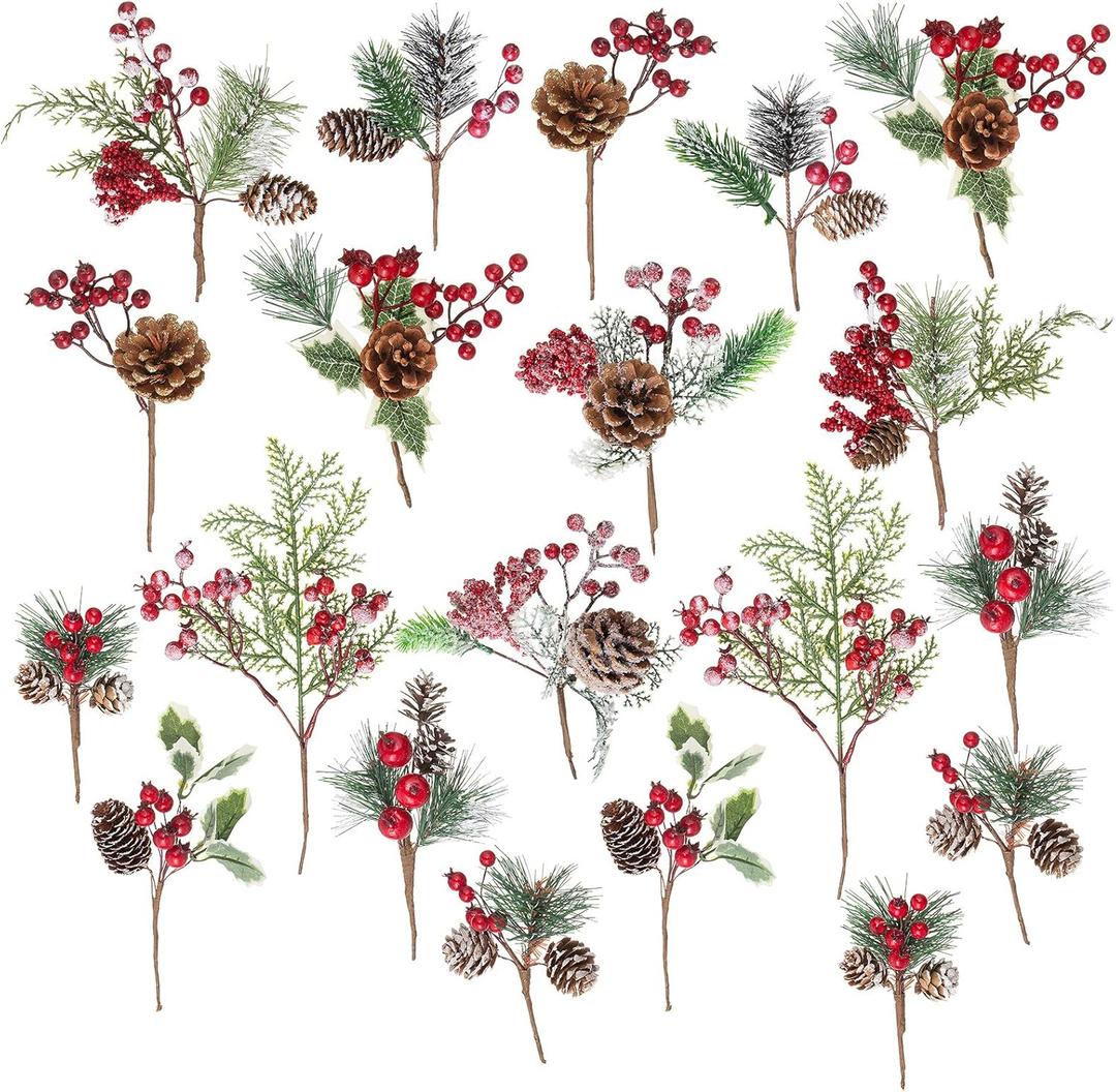 Crafare 20 Pack Artificial Christmas Tree Picks Assorted Red Berry Pine Picks Spray with Pinecones Apples Holly Leaves Winter Holiday Season Dco (20pcs 5-11inches)