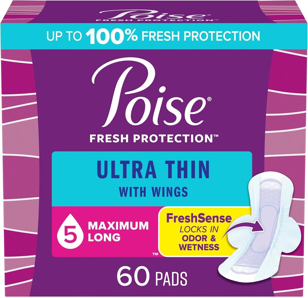 Poise Ultra Thin Incontinence & Postpartum Pads with Wings for Bladder Leaks, 5 Drop Maximum Absorbency, Long Length, 60 Count