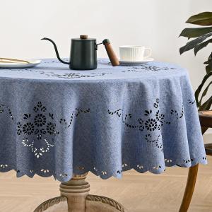 Wracra Macrame Waterproof Table Cloth, Farmhouse Linen Style Round Table Cover, Wrinkle Resistant Washable Indoor Outdoor Table Cloth (Blue, Round 55")