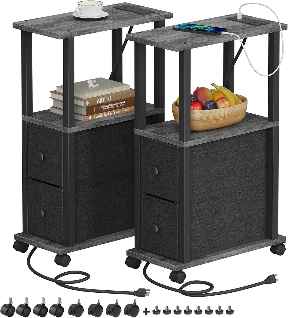 TUTOTAK Small Narrow End Tables, Side Tables with 2 Fabric Drawers, Set of 2, Bedside Tables with Charging Station for Small Spaces, Slim Nightstands with USB Ports and Wheels, TB01BY053 (Charcoal Grey)
