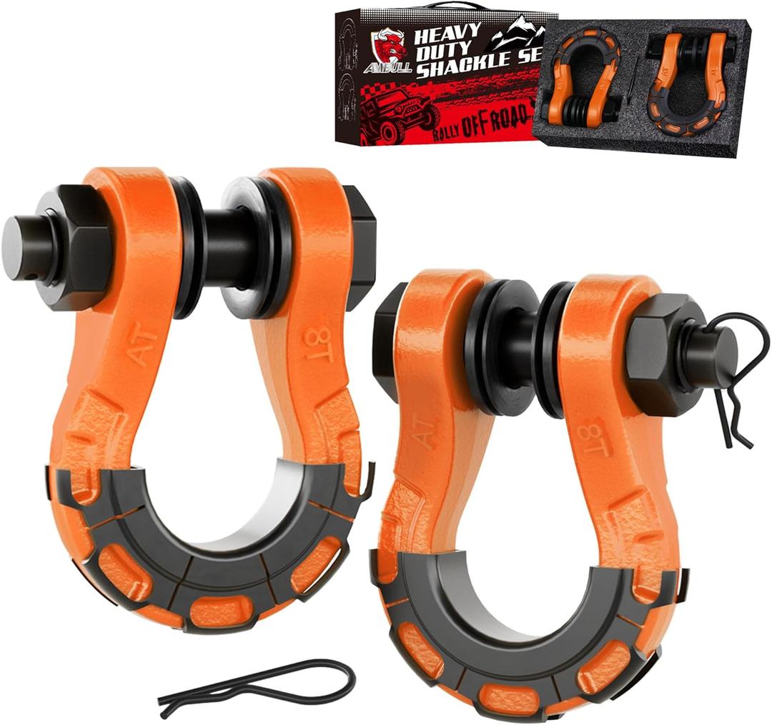 Shackles Upgrade 3/4" D Ring Shackle (2 Pack) 70,000 lbs Break Strength with 7/8" Pin, Isolator and Washer Kits for Use with Tow Strap, Winch, Off-Road Truck Vehicle Recovery, Orange