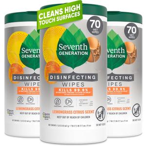 Seventh Generation Disinfecting Multi-Surface Wipes, Lemongrass Citrus, 70 Count, Pack of 3 