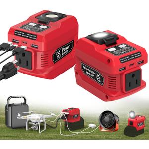220W Power Inverter Compatible with Milwaukee 18V Battery, DC 18V to AC 110V Portable Power Station Generator with 1 AC Outlet, 2 USB Ports & 1 Type-C Fast Charging, 400LM LED Work Light (2-Pack) (Red)