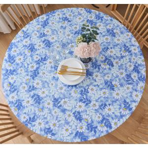 Pioggia Round Vinyl Fitted Tablecloth with Flannel Backing Elastic Table Cloth Waterproof Oil-Proof Plastic Table Cover Best for 37"-44" Round (Blue Flowers)
