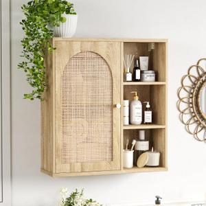 Rattan Bathroom Wall Cabinet with Door, Boho Medicine Wall Cabinets with Adjustable Shelves, Tall Kitchen Wall Mounted Storage Cabinet, Floating Hanging Cabinet Space Saver for Laundry Room, Natural