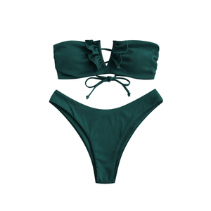 ZAFUL Women's Strapless Ribbed V Wired Lace Up Ruffle Tie High Cut Bandeau Swimsuits Bikini Set, Large