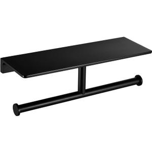 Double Roll Toilet Paper Holder with Shelf Solid Brass and Superior Hotel Style Tissue Dispenser Spared Storage Matte Black Finish