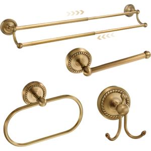 4 Pcs Antique Brass Gold Bathroom Accessories Set Wall-Mounted Towel Rack & Towel Ring & Toilet Paper Holder & Robe Hook, Wall Mounted Brass Vintage Bath Hardware Fixture Set(Double)