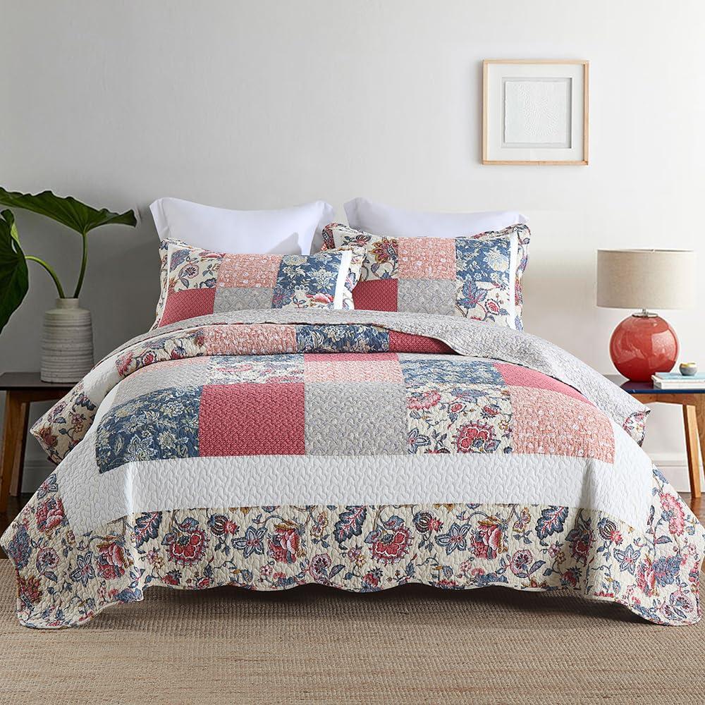 camandy Cotton Bedspread Quilt Bedding Sets 3 Pieces Reversible Coverlet Sets Comforters Vintage Red White Rose Floral Patchwork Bedspread, King Size
