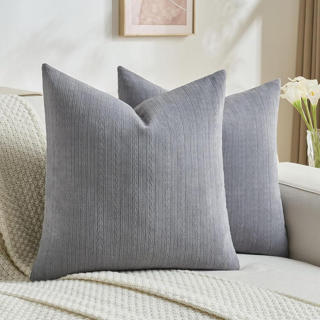 FUTEI Dark Grey Decorative Throw Pillow Covers 18x18 Inch Set of 2,Soft Cozy Wheat Ear Striped Patterns Cushion Cases,Modern Home Decor for Couch Bed Living Room