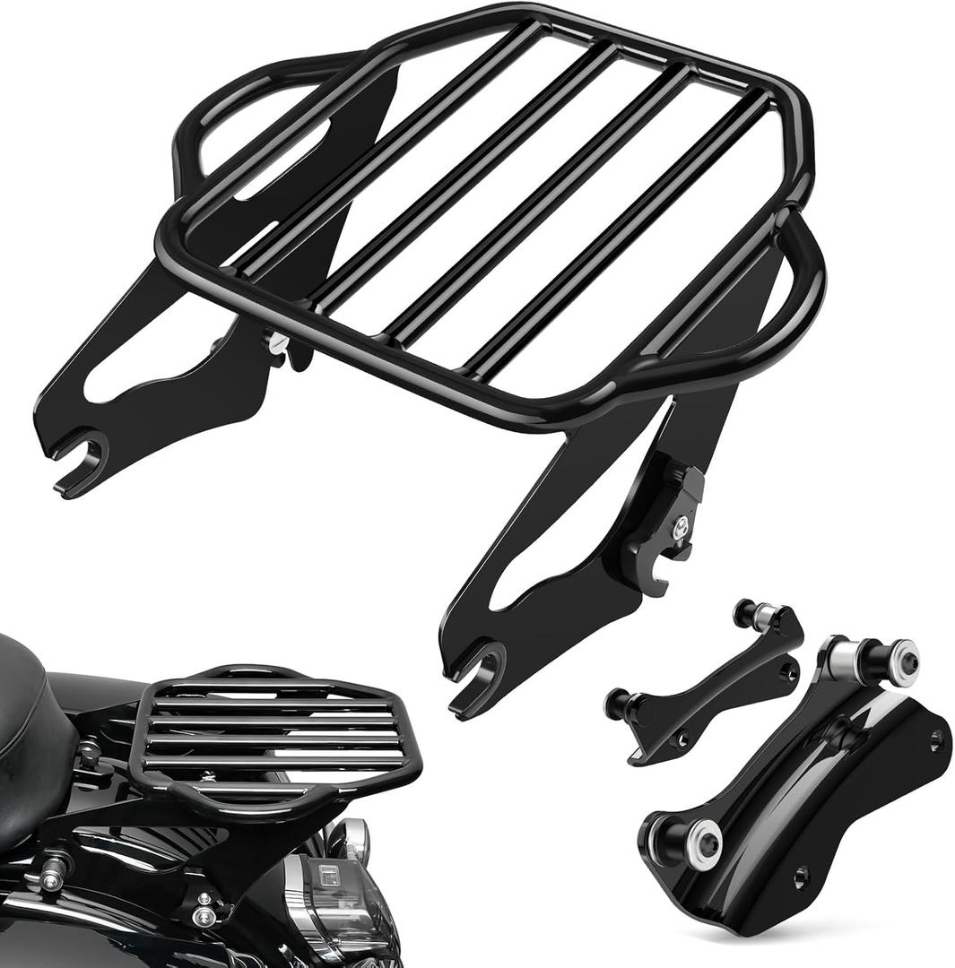 PBYMT Detachable Two-Up Luggage Rack with 4 Point Docking Hardware Kit Motorcycle Mounting Rack Compatible with Harley Touring Road King Street Electra Glide 2014-Later Gloss Black