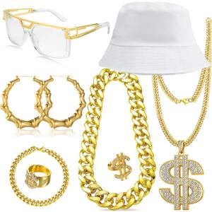 GIFIKOI 80 90s Accessories Outfit for Woman Hip Hop Costume Kit Old School Rapper Golden Chain Necklaec Big Hoops Jewelry