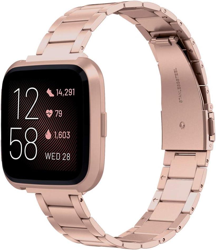 Wearlizer Stainless Steel Compatible for Fitbit Versa/ Versa 2 / Versa Lite/ Versa SE Bands Women Men, Ultra-Thin Lightweight Replacement Compatible for Fitbit Versa (Versa 2 Copper Rose)