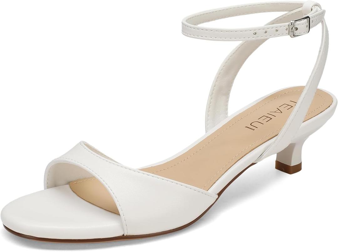 TEAIEUI Women's Sandals Kitten Heels Low Strappy Heels Open Toe Ankle Strap Sandals for Women Party Wedding Dress Shoes (White, 7.5)