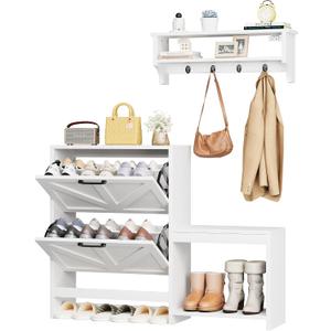 Homeiju Shoe Storage Cabinet Organizer with 2 Flip Drawers, Freestanding Narrow Shoe Rack for Entryway, Shoe Bench, Wall Ledge Shelf, Coat Hooks & Anti-Tip Safety for Kids & Pets – White, Large