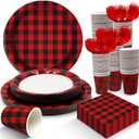 EggSun Red and Black Gingham Plates and Napkins Party Supplies, Red Disposable Tableware Set, Checkered Plaid Paper Plates for Birthday Family Dinner Picnic Barbecue Baby Shower Decor Serves 25