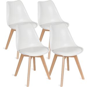 VECELO Dining Chairs Set of 4, Mid-Century Modern Kitchen & Dining Room Chairs, PU Leather Upholstered Seat, Solid Wood Legs, Armless, Non-Slip Feet, White, With Cushion