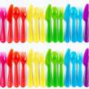 Kids Plastic Dinnerware Set of 36 Multi Color Flatware (Spoons, Forks and Knives) - Reusable, BPA-Free, Dishwasher Safe and Microwaveable (36 Pieces, Purple, Pink, Orange, Yellow, Green, Blue)